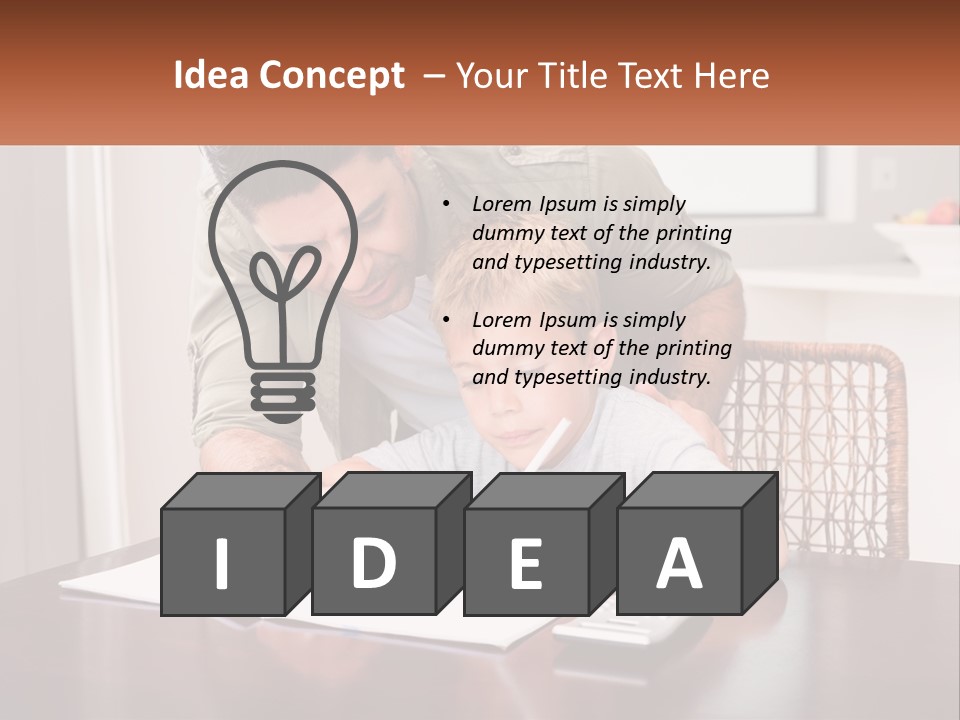 A Man Helping A Young Boy Write Something On A Piece Of Paper PowerPoint Template