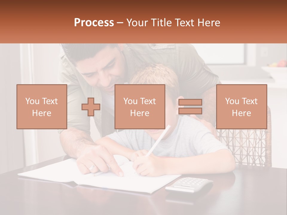 A Man Helping A Young Boy Write Something On A Piece Of Paper PowerPoint Template