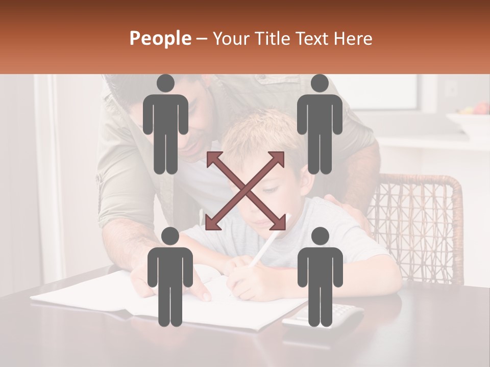 A Man Helping A Young Boy Write Something On A Piece Of Paper PowerPoint Template