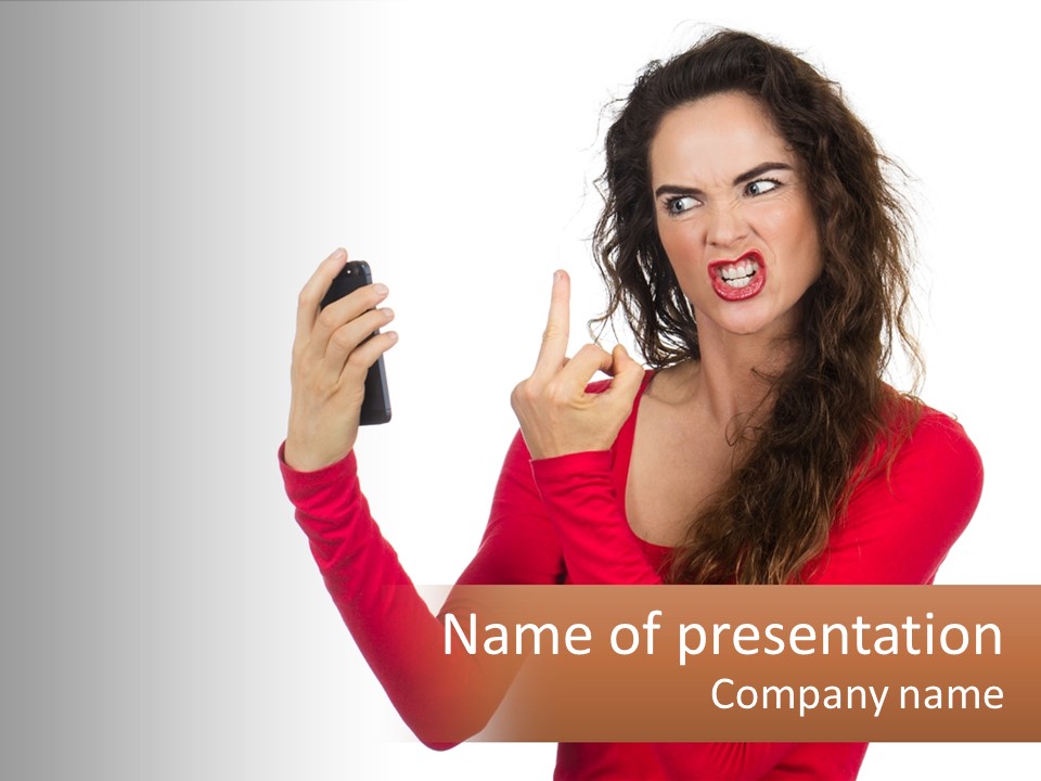 A Woman In A Red Shirt Holding A Cell Phone PowerPoint Template
