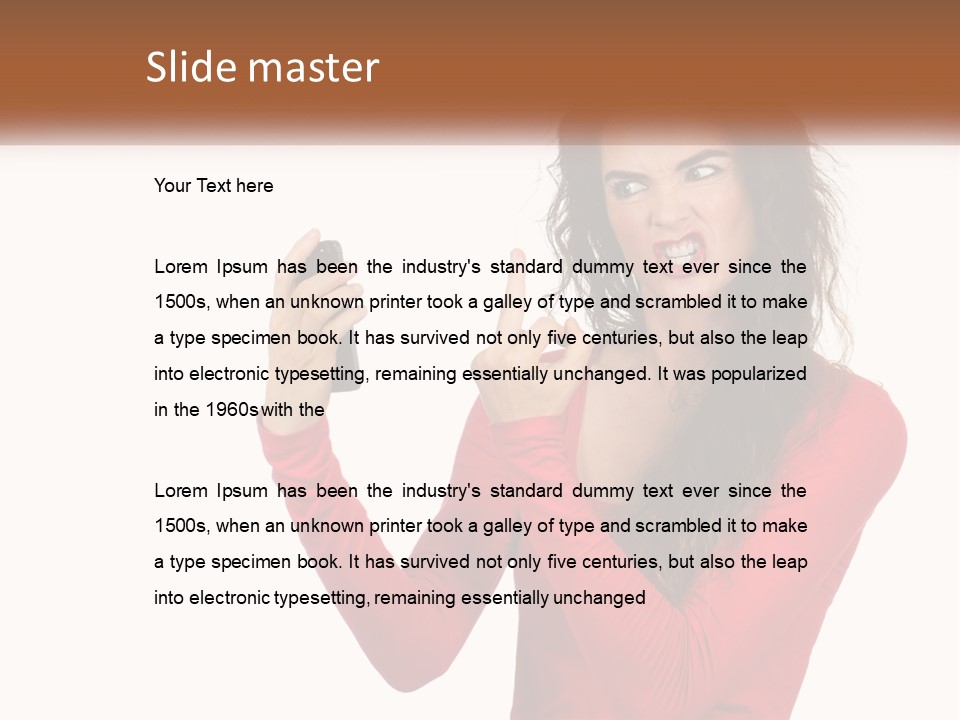 A Woman In A Red Shirt Holding A Cell Phone PowerPoint Template