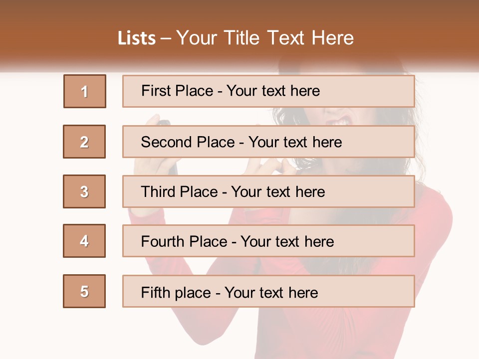 A Woman In A Red Shirt Holding A Cell Phone PowerPoint Template