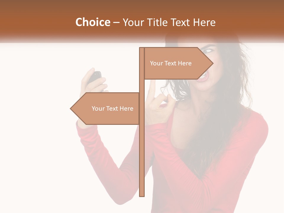 A Woman In A Red Shirt Holding A Cell Phone PowerPoint Template