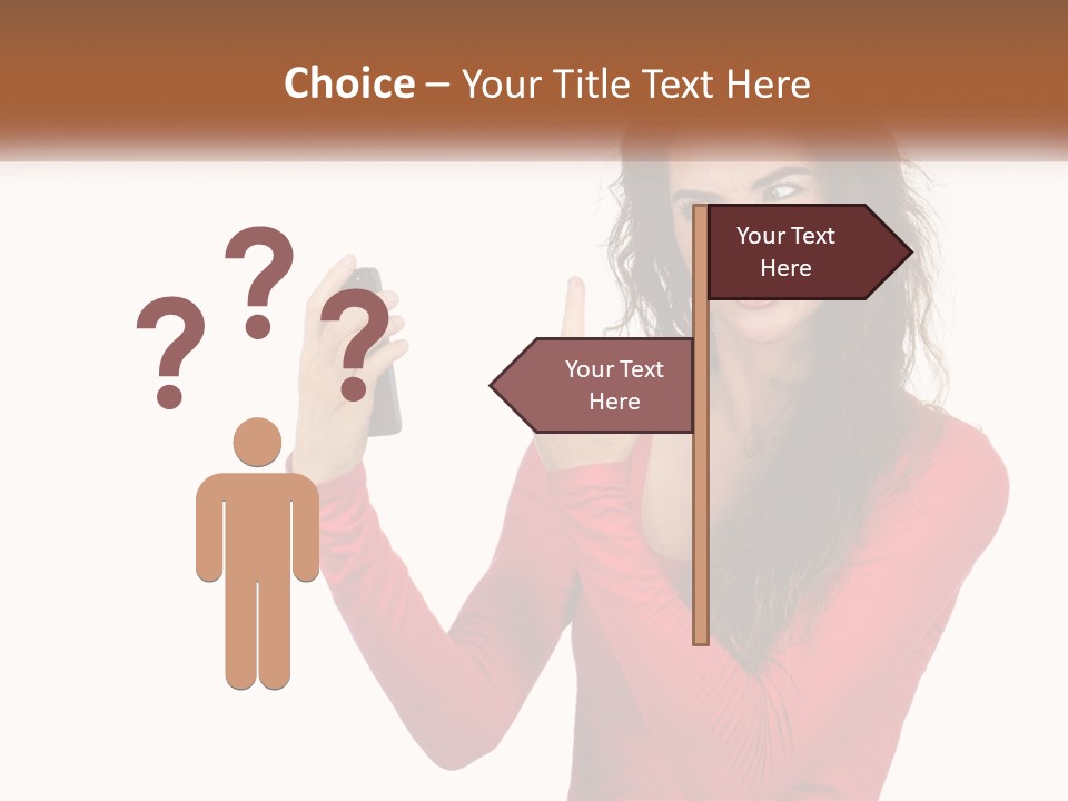 A Woman In A Red Shirt Holding A Cell Phone PowerPoint Template