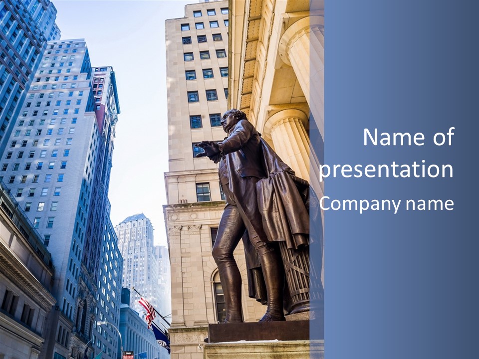 A Statue Of A Man Holding A Flag In A City PowerPoint Template
