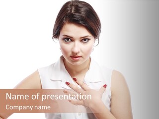A Woman In A White Shirt Holding Her Hand To Her Chest PowerPoint Template