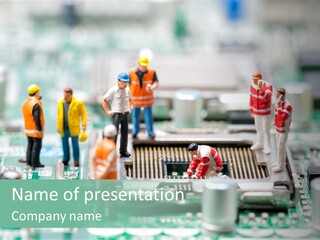 A Group Of Miniature People Standing On Top Of A Motherboard PowerPoint Template