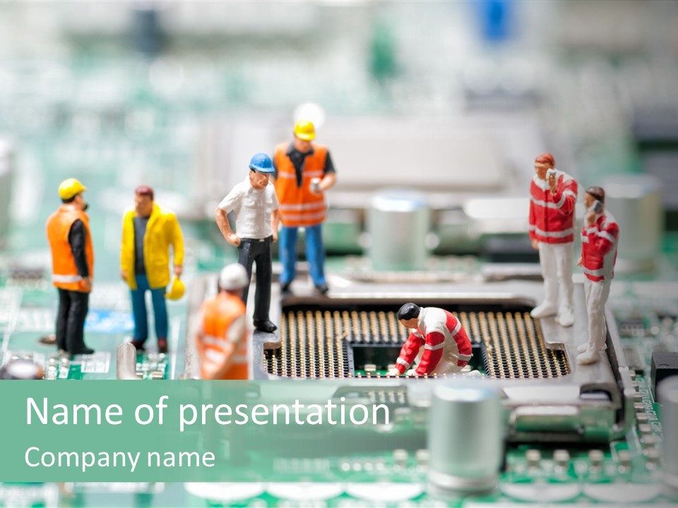 A Group Of Miniature People Standing On Top Of A Motherboard PowerPoint Template
