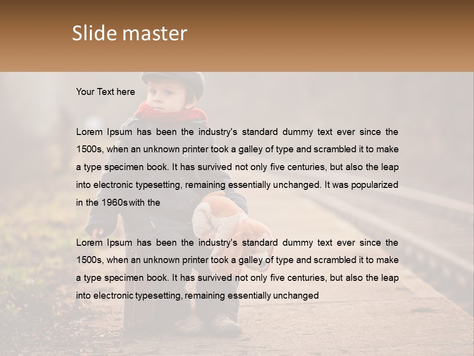 A Little Boy Sitting On A Suitcase With A Teddy Bear PowerPoint Template