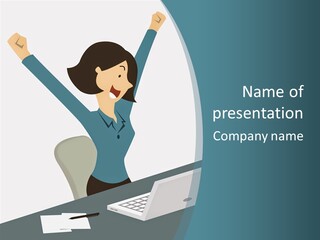 A Woman Sitting At A Desk With Her Arms In The Air PowerPoint Template