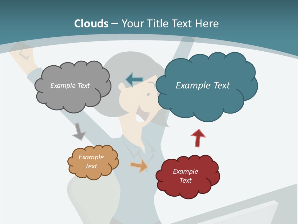 A Woman Sitting At A Desk With Her Arms In The Air PowerPoint Template