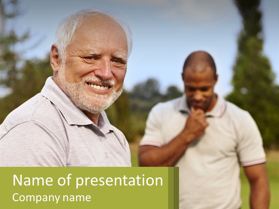 A Couple Of Men Standing Next To Each Other PowerPoint Template