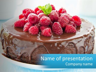 A Chocolate Cake With Raspberries On Top Of It PowerPoint Template