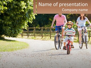 A Group Of People Riding Bikes Down A Dirt Road PowerPoint Template