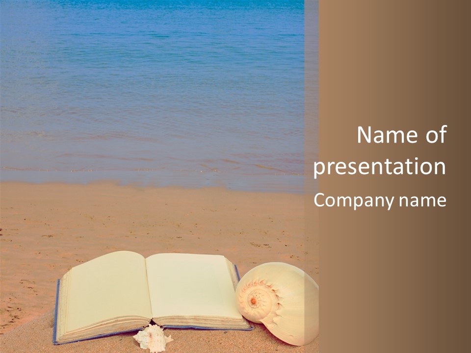 An Open Book And Seashell On A Sandy Beach PowerPoint Template