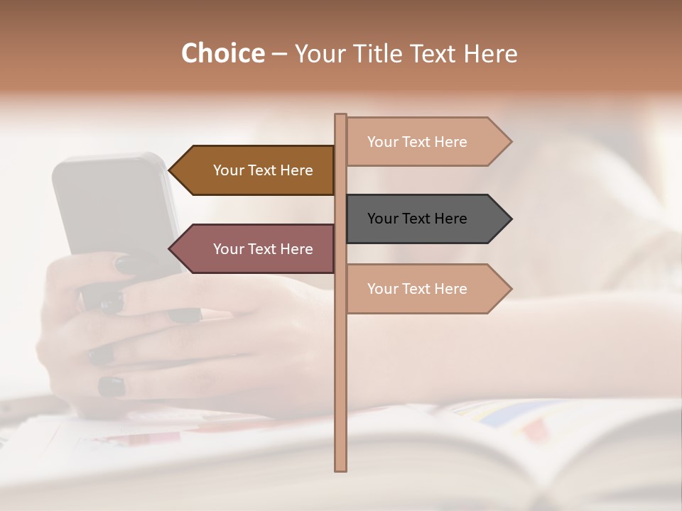 A Woman Sitting At A Table Using A Cell Phone PowerPoint Template