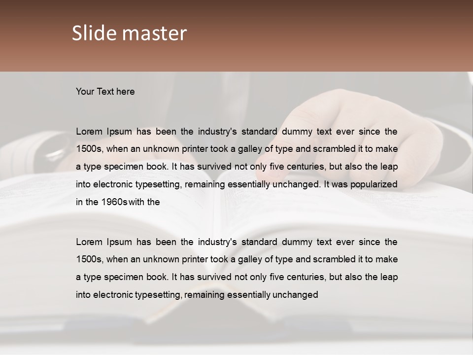 A Man In A Suit Is Pointing At A Book PowerPoint Template