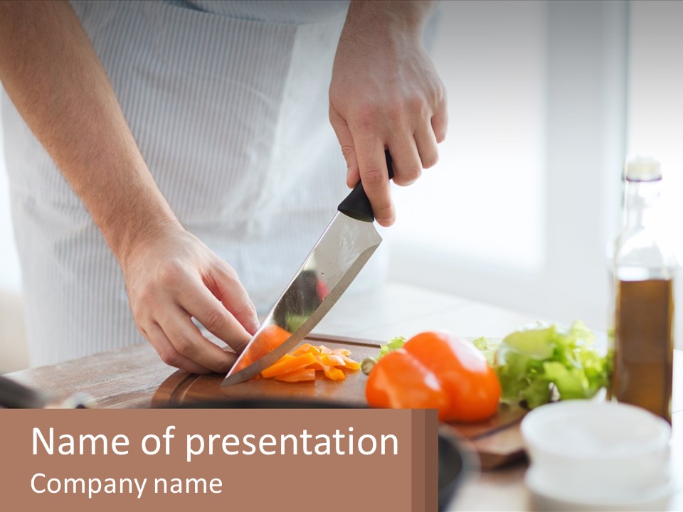 A Person Cutting Vegetables With A Knife On A Cutting Board PowerPoint Template