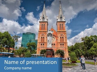 A Church With A Statue In Front Of It PowerPoint Template