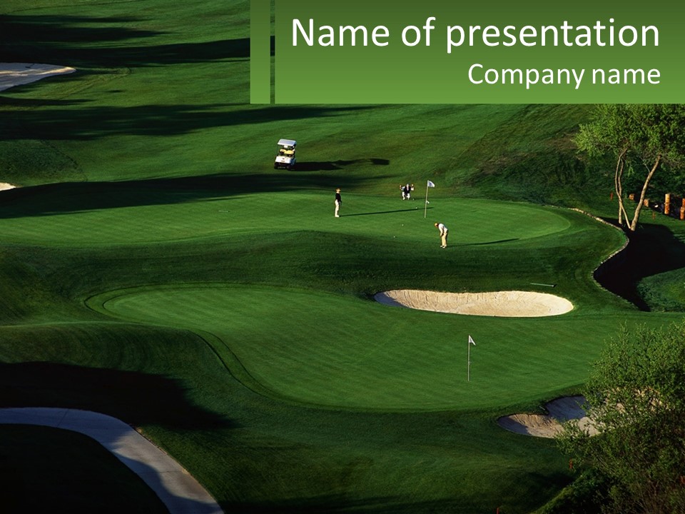 A Green Golf Course With A White Flag PowerPoint Template