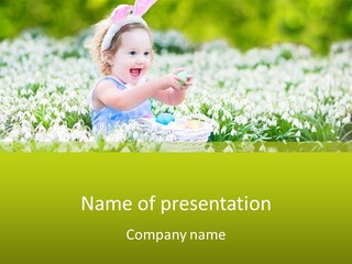 A Little Girl Sitting In The Grass With A Bunny Ears On Her Head PowerPoint Template