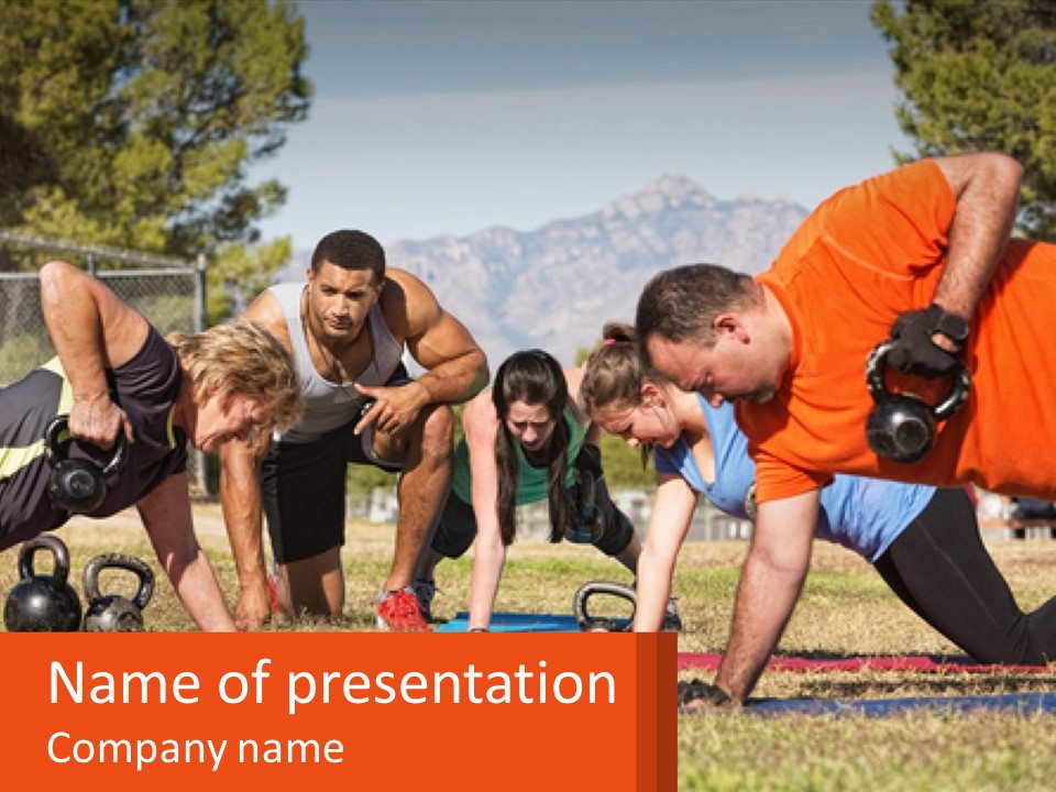 A Group Of People Doing Push Ups With Kettles PowerPoint Template