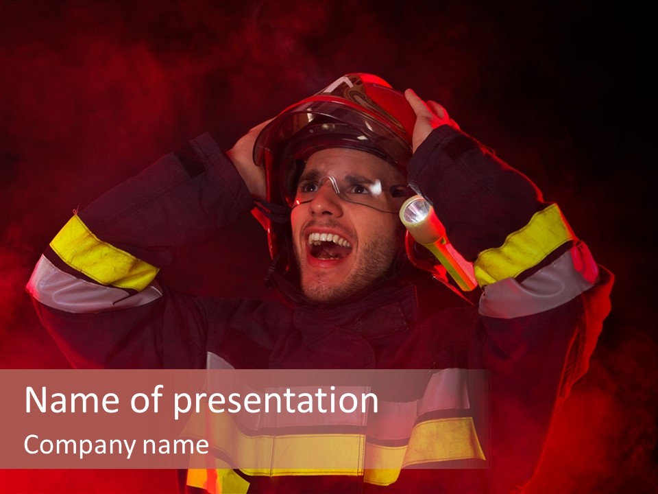 A Man In A Fireman's Uniform With His Hands On His Head PowerPoint Template