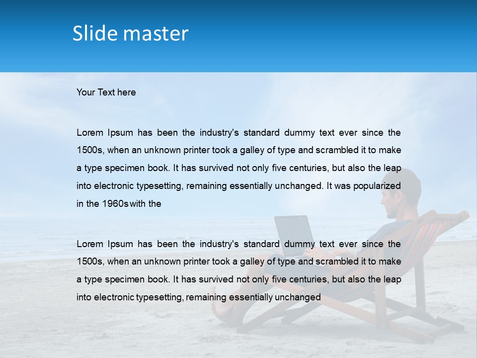 A Man Sitting In A Chair On A Beach Using A Laptop PowerPoint Template