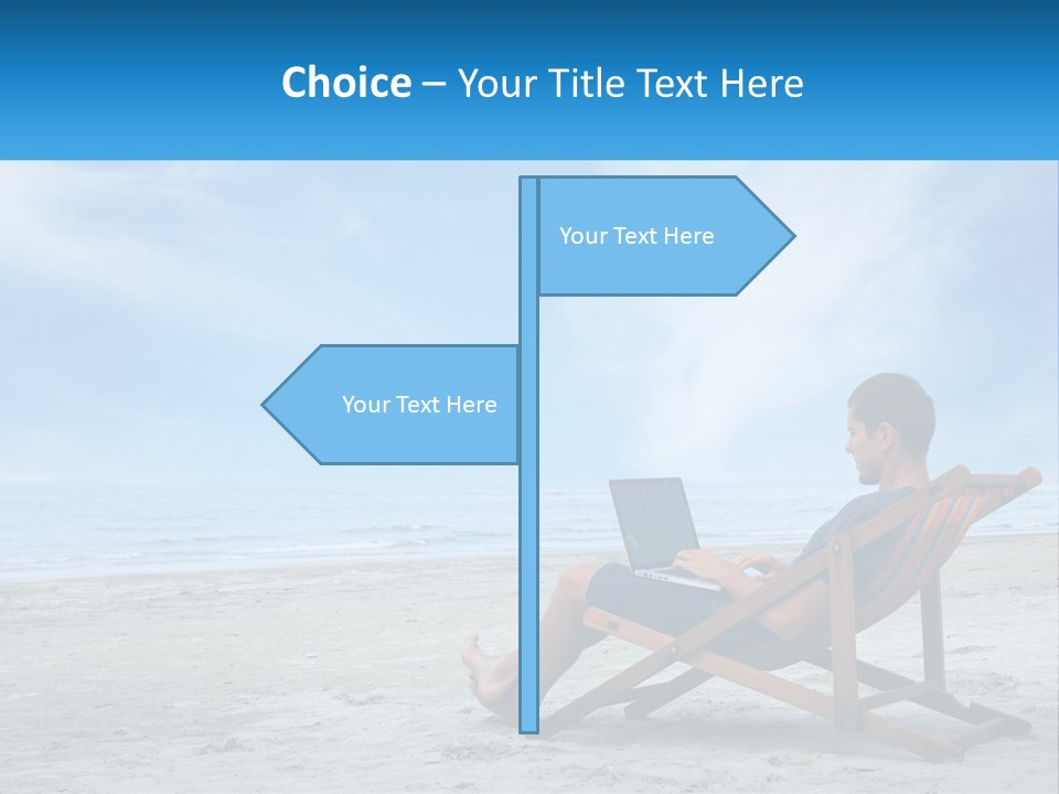 A Man Sitting In A Chair On A Beach Using A Laptop PowerPoint Template