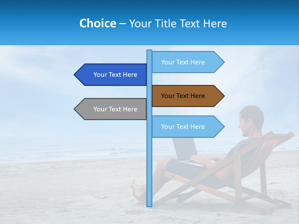 A Man Sitting In A Chair On A Beach Using A Laptop PowerPoint Template
