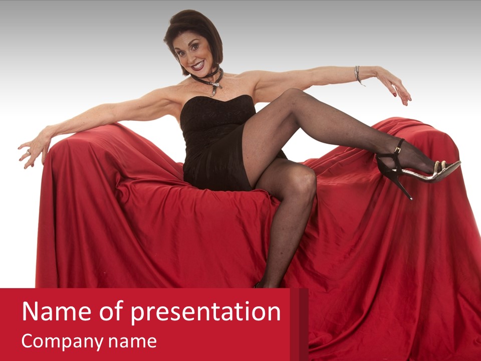 A Woman Sitting On Top Of A Red Couch PowerPoint Template