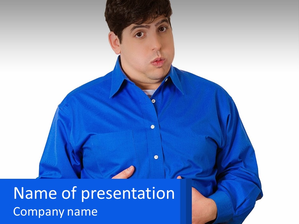 A Man In A Blue Shirt Is Holding A Blue Sign PowerPoint Template