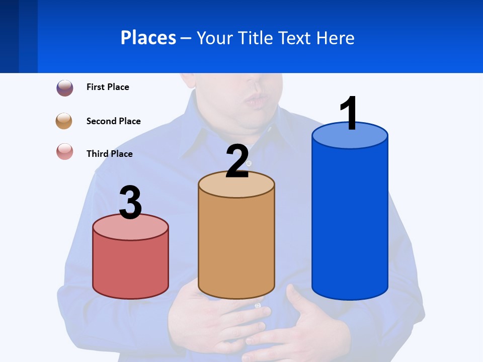 A Man In A Blue Shirt Is Holding A Blue Sign PowerPoint Template