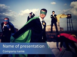 A Group Of People Dressed Up As Superheros PowerPoint Template