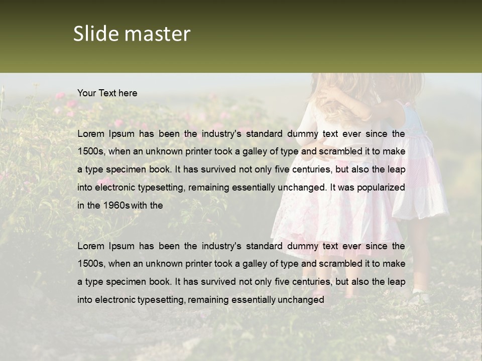 Two Little Girls Hugging Each Other In A Field PowerPoint Template