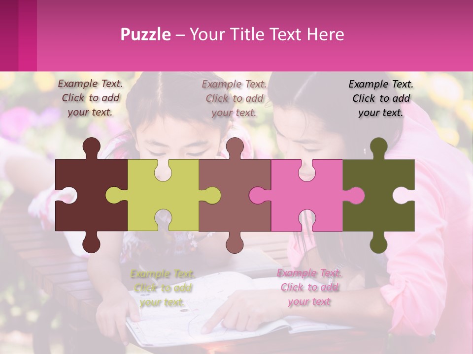 Two Girls Are Looking At A Book On A Bench PowerPoint Template