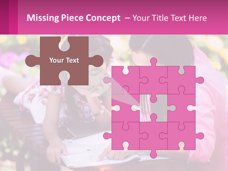 Two Girls Are Looking At A Book On A Bench PowerPoint Template