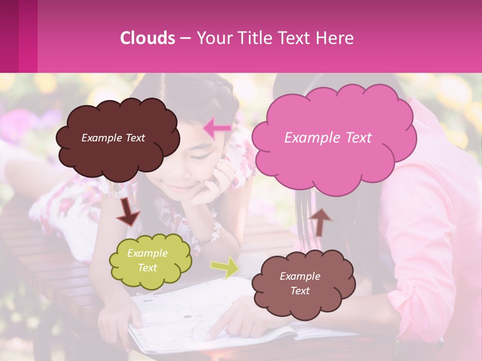 Two Girls Are Looking At A Book On A Bench PowerPoint Template