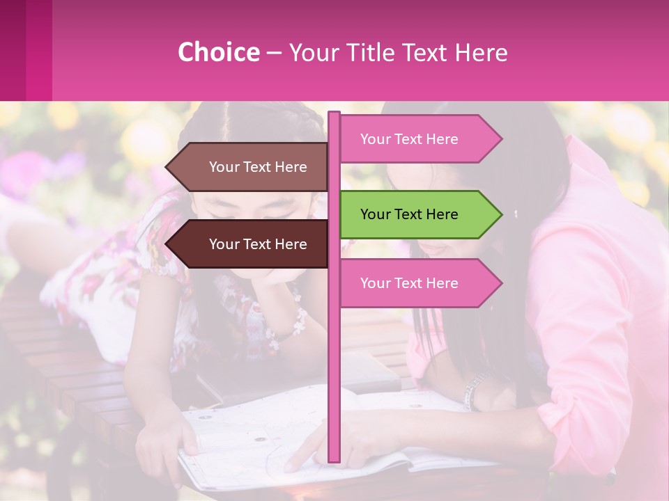 Two Girls Are Looking At A Book On A Bench PowerPoint Template