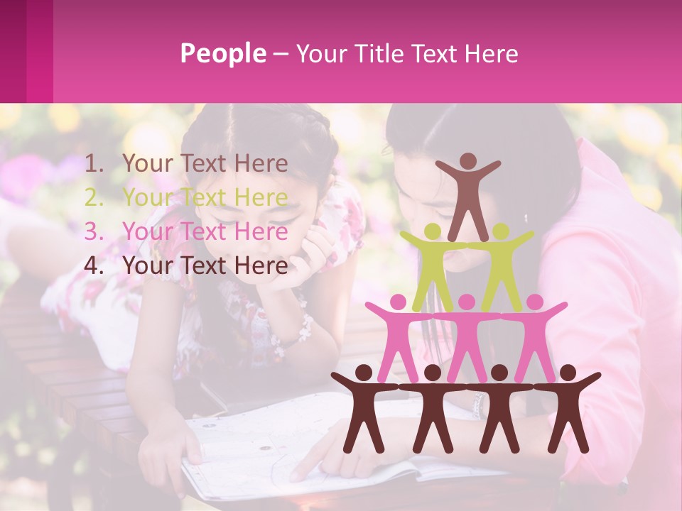 Two Girls Are Looking At A Book On A Bench PowerPoint Template