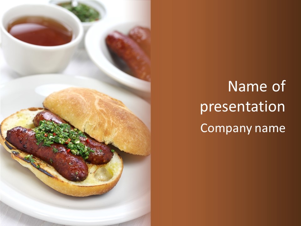 A Hot Dog On A Bun On A Plate With A Cup Of Tea PowerPoint Template