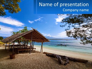 A Beach With A Hut And A Boat In The Water PowerPoint Template