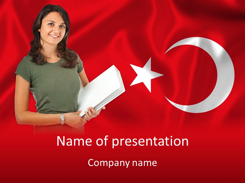 A Woman Holding A Piece Of Paper In Front Of A Flag PowerPoint Template