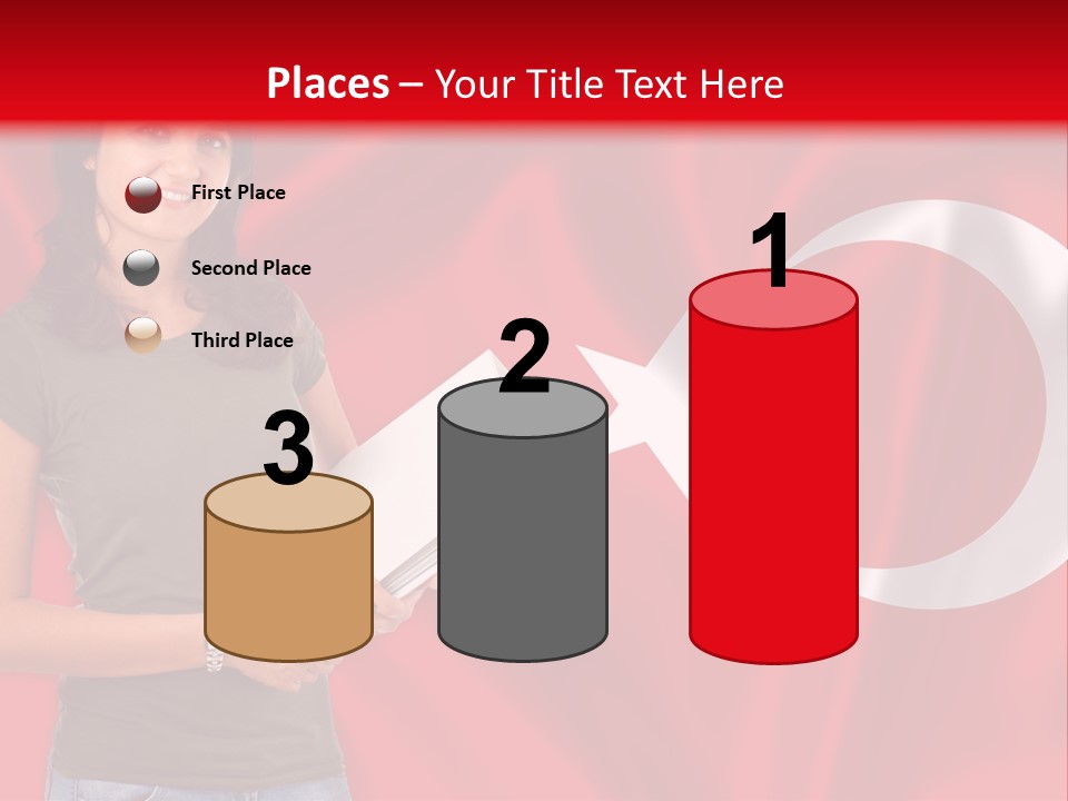 A Woman Holding A Piece Of Paper In Front Of A Flag PowerPoint Template