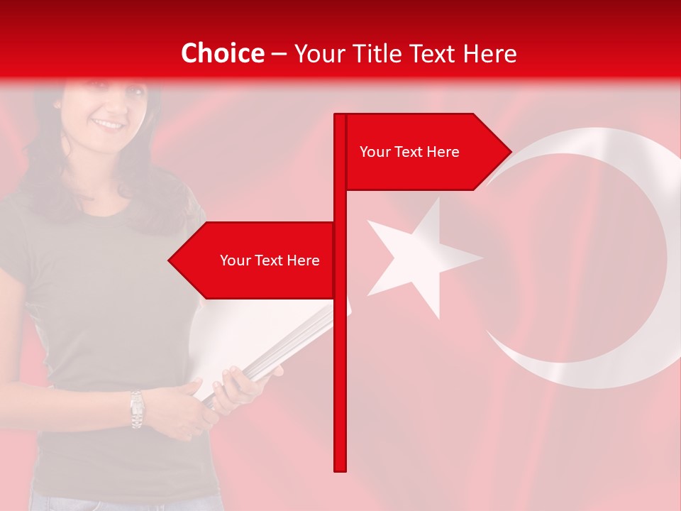 A Woman Holding A Piece Of Paper In Front Of A Flag PowerPoint Template