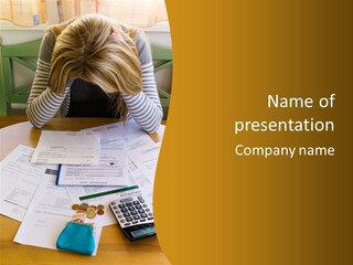 A Woman Sitting At A Table With A Calculator And Papers PowerPoint Template
