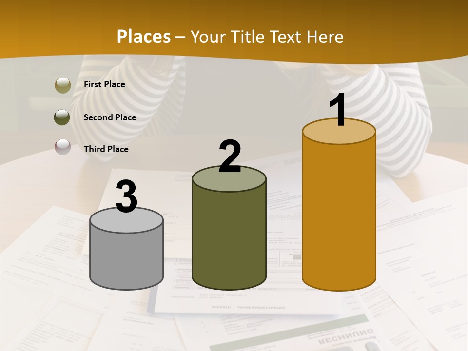 A Woman Sitting At A Table With A Calculator And Papers PowerPoint Template