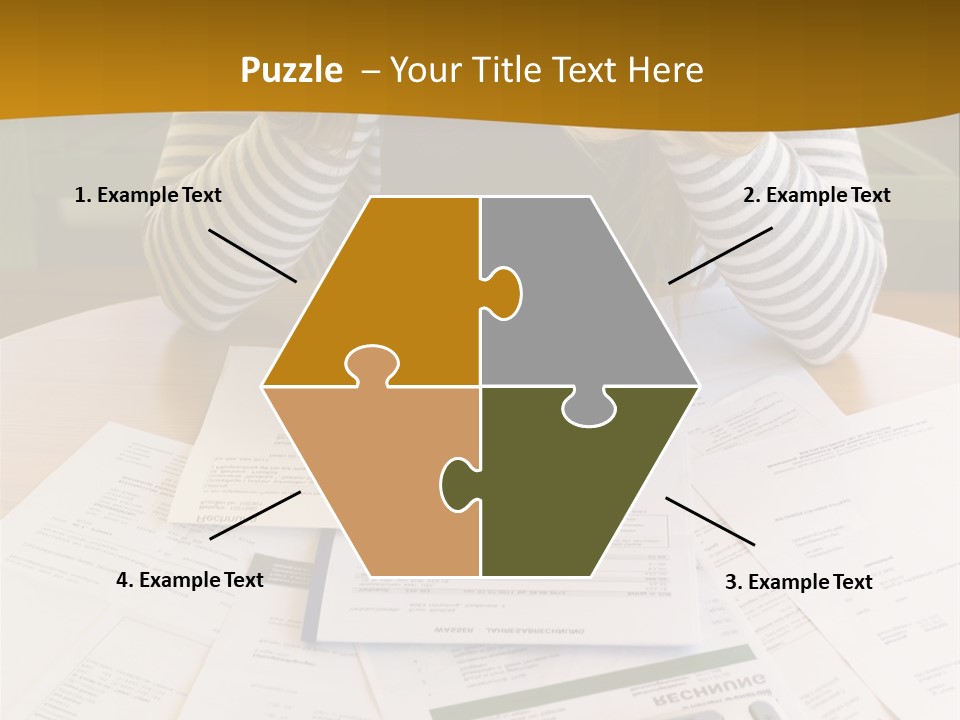 A Woman Sitting At A Table With A Calculator And Papers PowerPoint Template