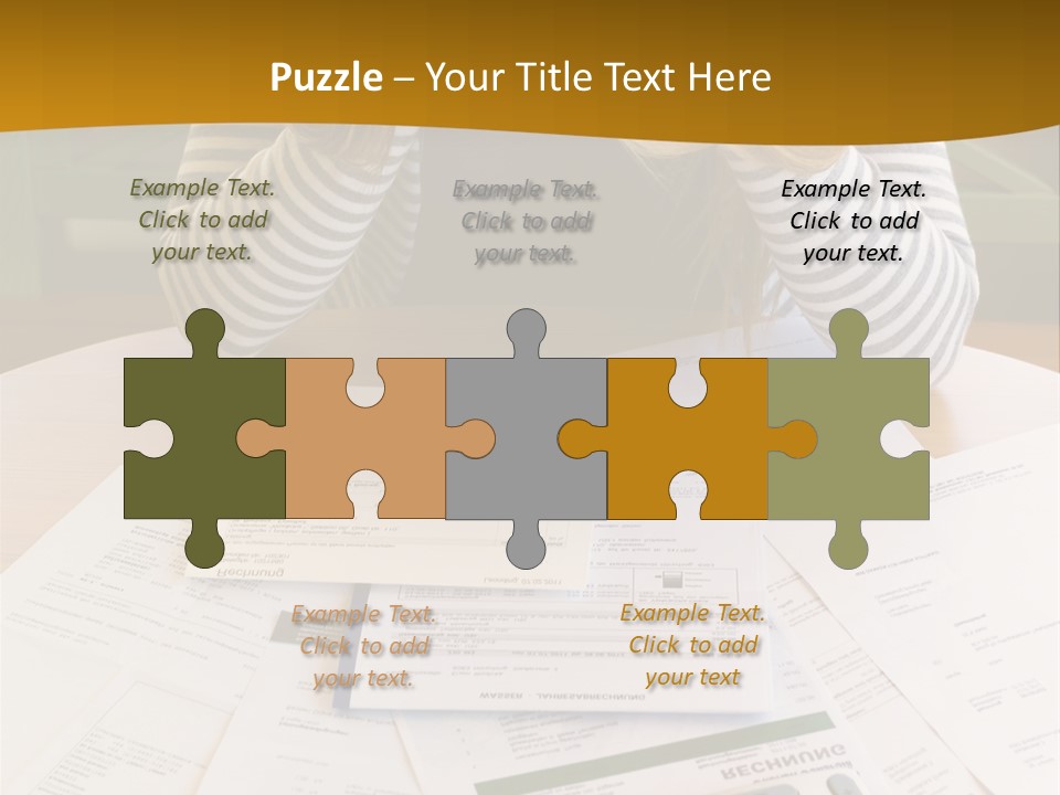 A Woman Sitting At A Table With A Calculator And Papers PowerPoint Template