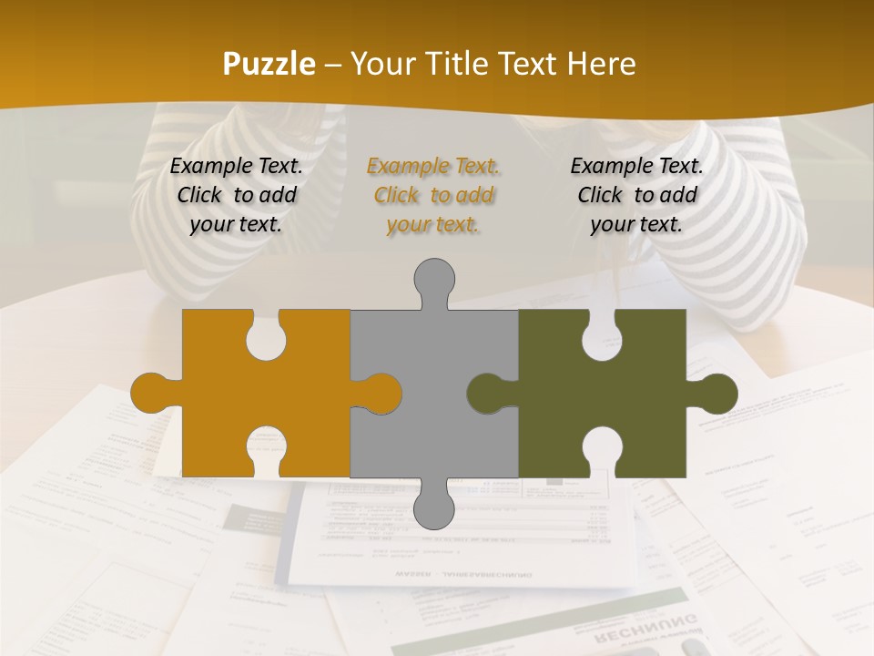 A Woman Sitting At A Table With A Calculator And Papers PowerPoint Template